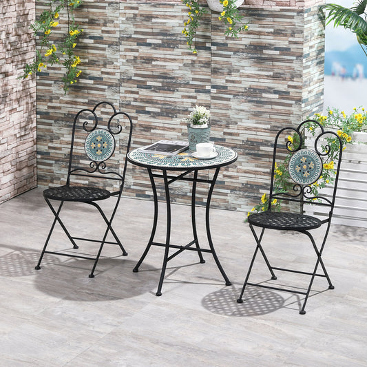 Outsunny 3-Piece Patio Bistro Set with Folding Chairs, Outdoor Coffee Set with Mosaic Top for Backyard, Balcony, Poolside, Green