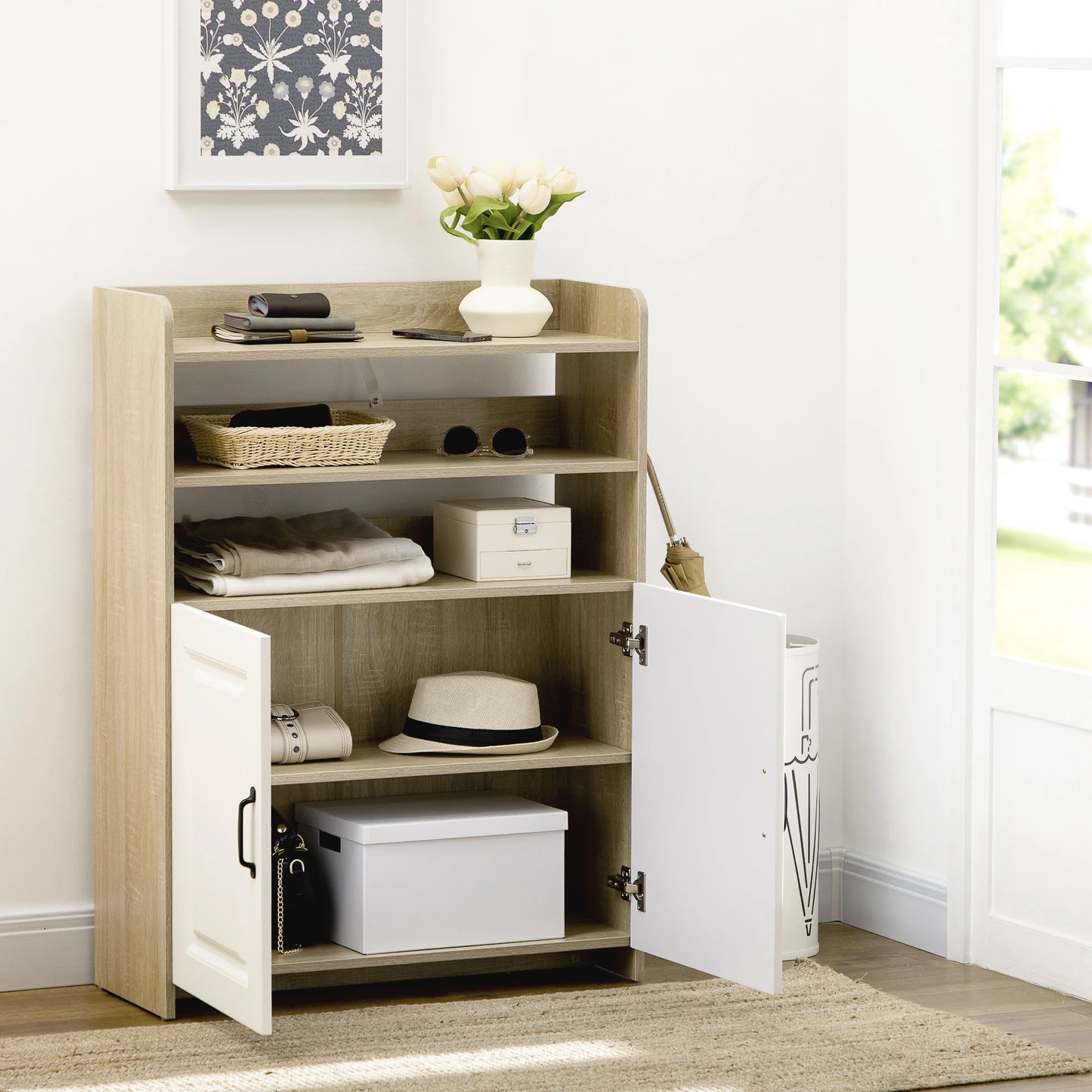 Shoe Storage with Double Doors and Open Shelves 12 Pair Shoe Storage Organizer for Entryway Hallway Natural and White