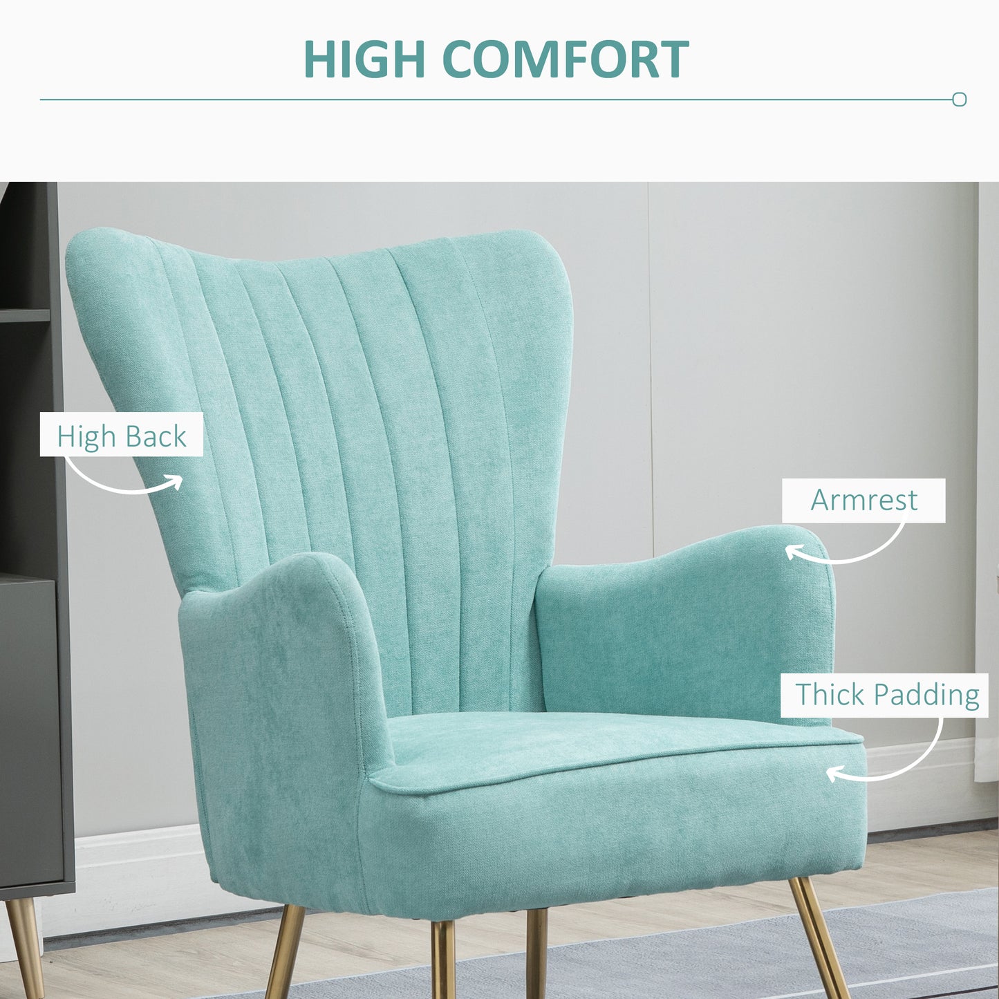 Velvet Accent Chairs, Modern Living Room Chair, Tall Back Leisures Chair with Steel Legs for Bedroom, Dinning Room, Waiting Room, Light Green