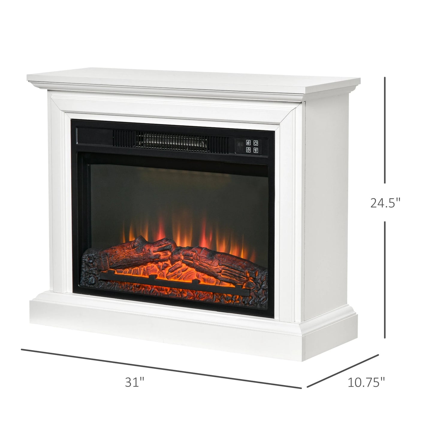 31" Electric Fireplace with Dimmable Flame Effect and Mantel, Freestanding Heater Corner Firebox with Log Hearth and Remote Control, 1400W, White