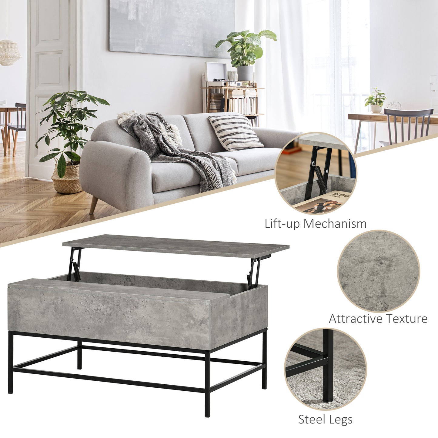 Lift Top Coffee Table with Hidden Storage Compartment Lift Tabletop Center Table for Living Room, Grey