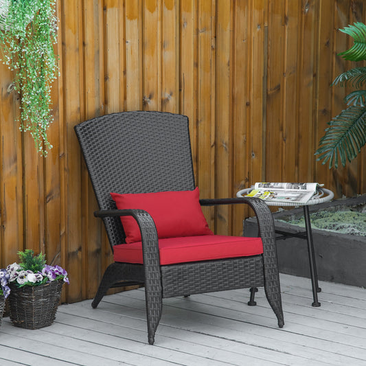 Outsunny Patio Classic Rattan Adirondack Chair, Outdoor PE Rattan Leisure Deck Chair, Ergonomic Armrest Chair with Cushion Red