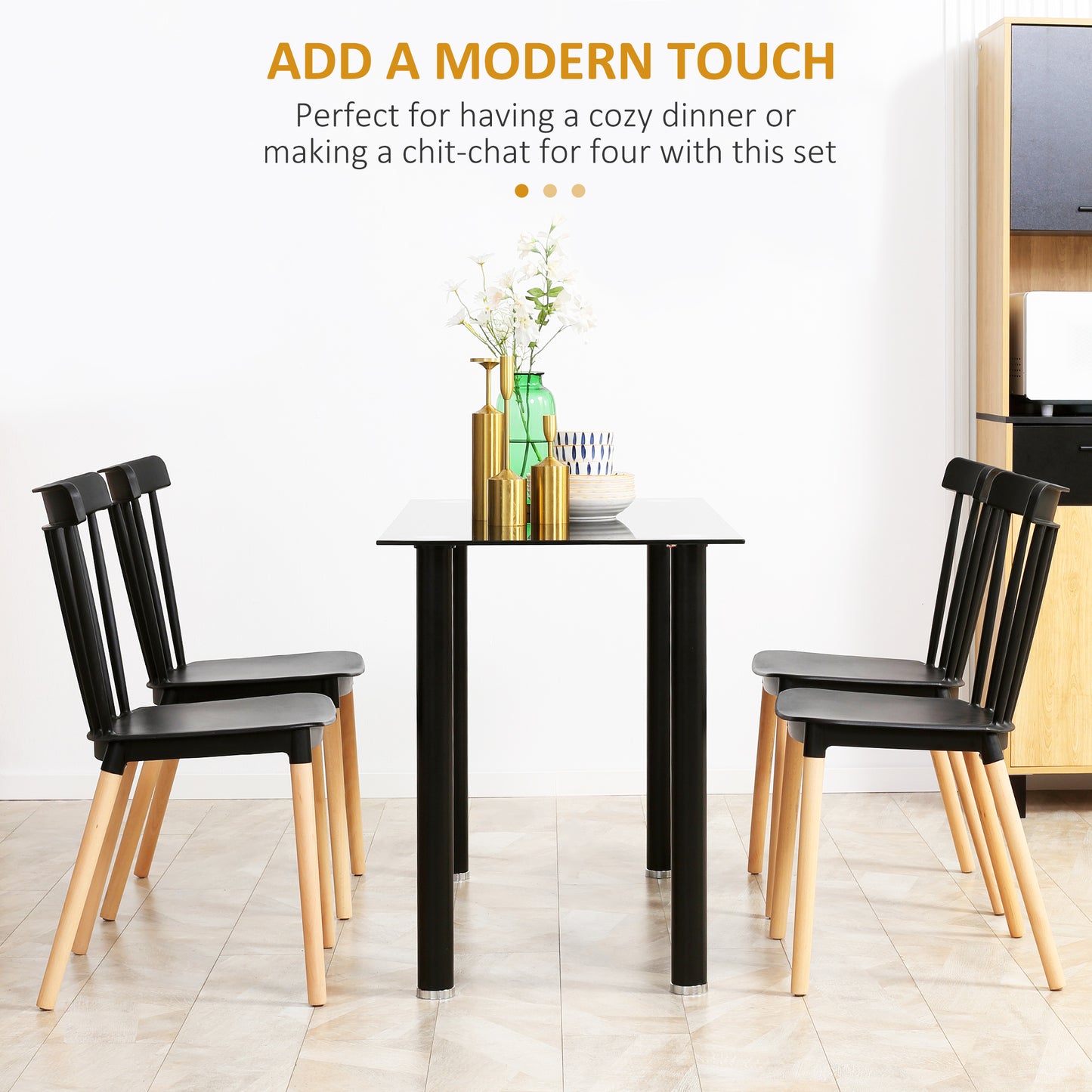 Dining Chairs Set of 4, Modern Kitchen Chair with Slatted Back, PP Seat, Beechwood Legs for Living Room, Black