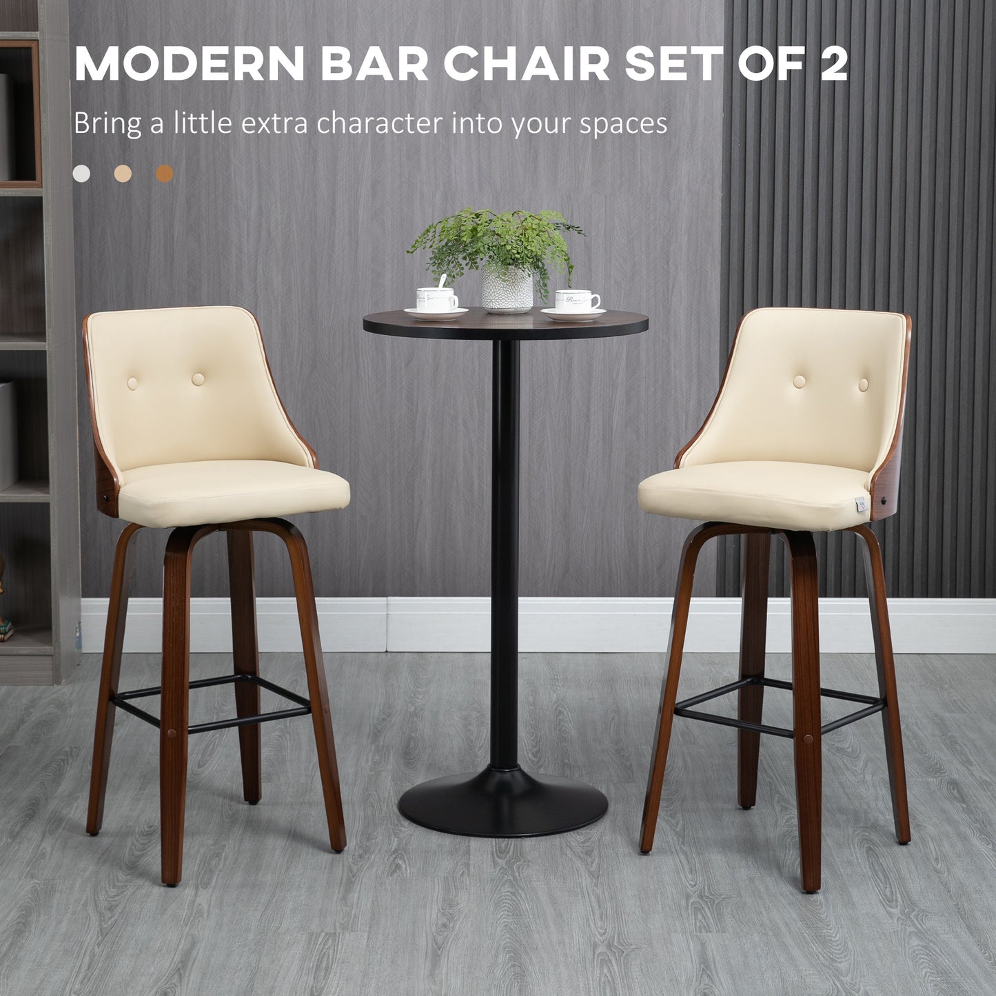 Counter Height Bar Stools Set of 2 PU Leather Swivel Barstools with Footrest and Tufted Back, Beige