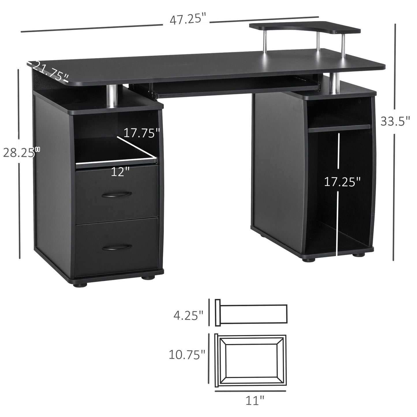 Computer Desk with Keyboard Tray, CPU Stand, Writing Desk with Drawers, Workstation for Home Office, Black