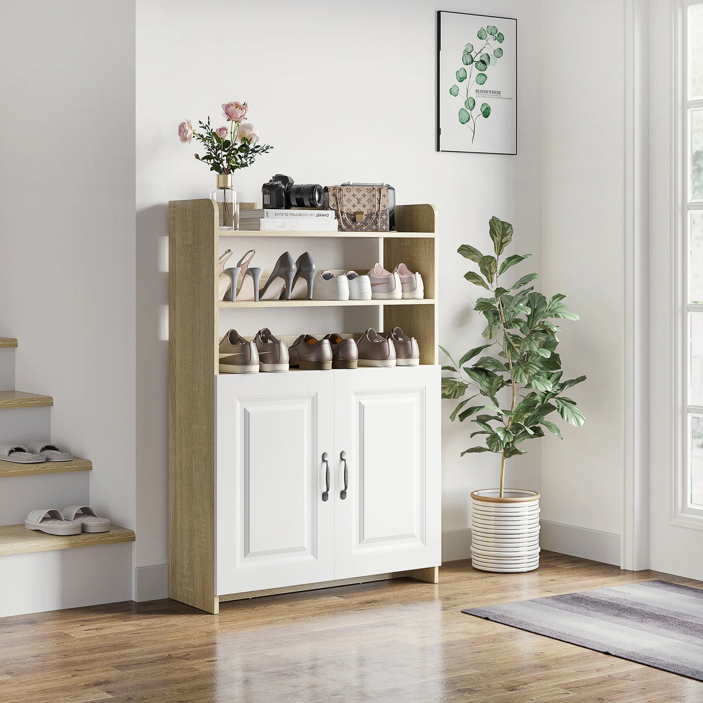 Shoe Storage with Double Doors and Open Shelves 12 Pair Shoe Storage Organizer for Entryway Hallway Natural and White