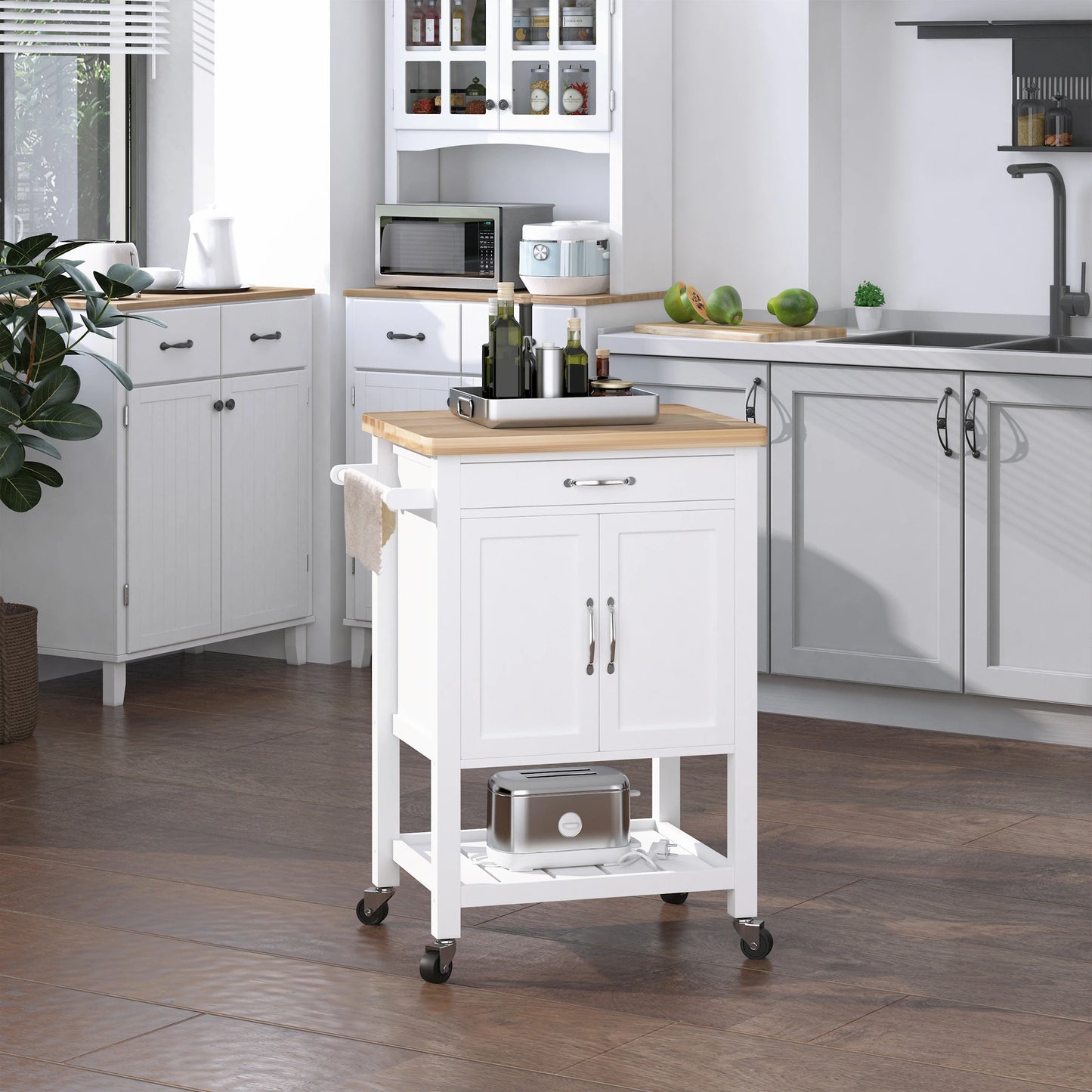 Kitchen Storage Cabinet Trolley Serving Cart Rubber Wood top Rolling Kitchen Island with Towel Rack and Drawer White