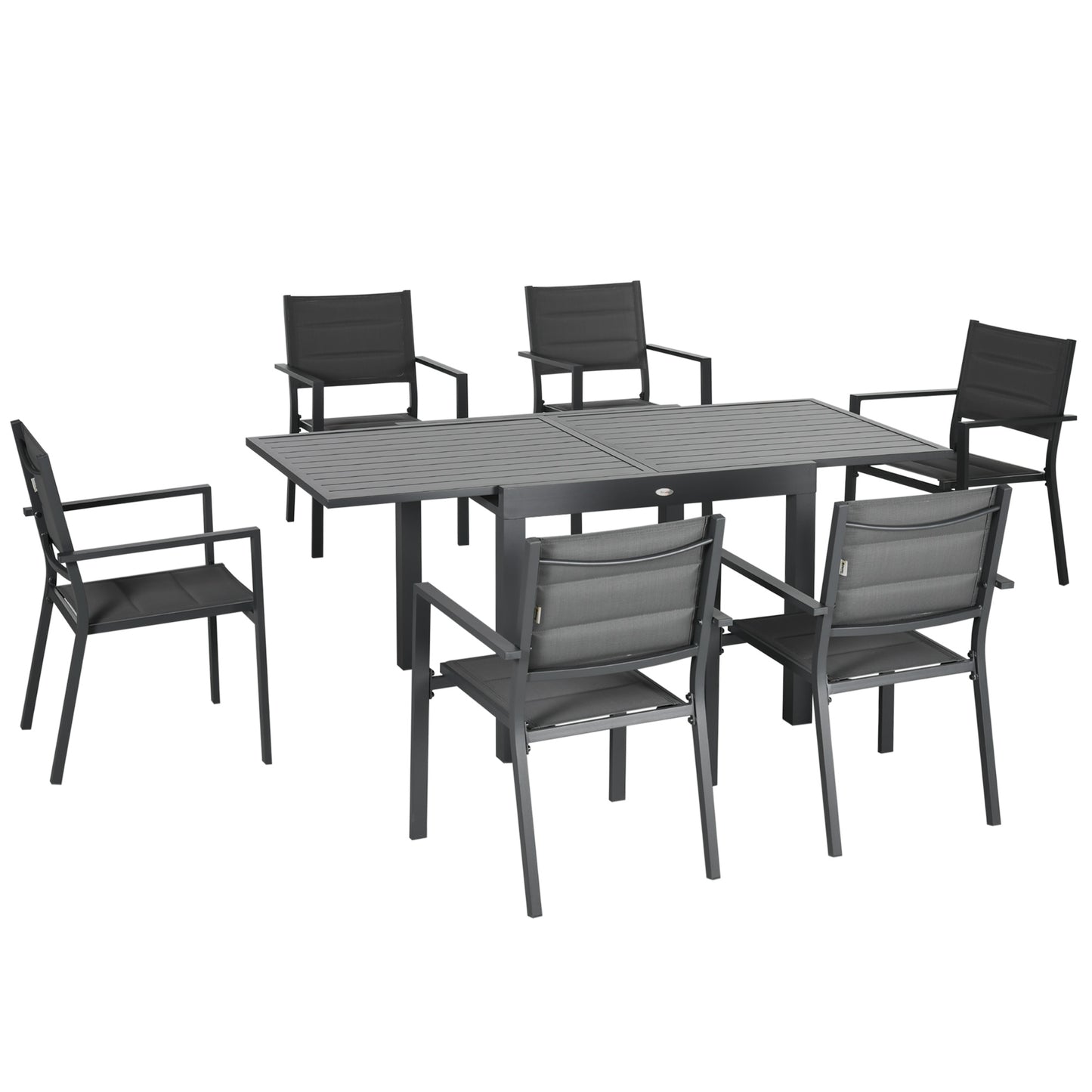 Outsunny 7 Pieces Patio Dining Set for 6, Aluminum Expandable Outdoor Table, Stackable High Back Chair, Mesh Fabric Seats, Dark Gray