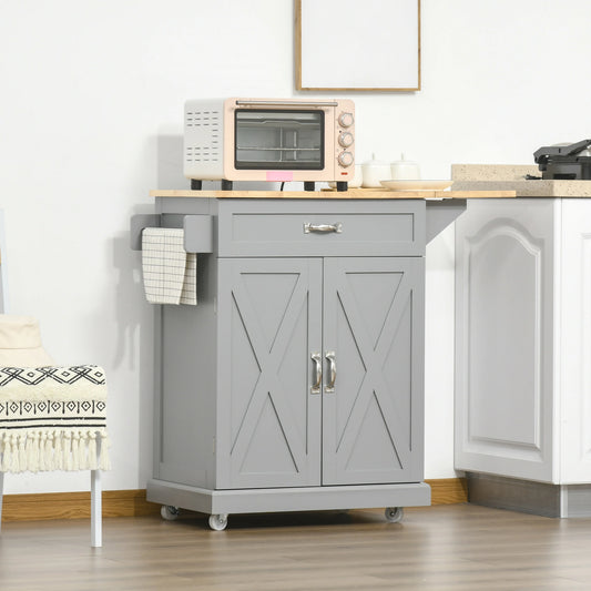 Foldable Kitchen Island with Storage Drawer, Farmhouse Style Rolling Utility Cart, Coffee Bar Cabinet on Wheels with Drop-Leaf Wood Top, Grey