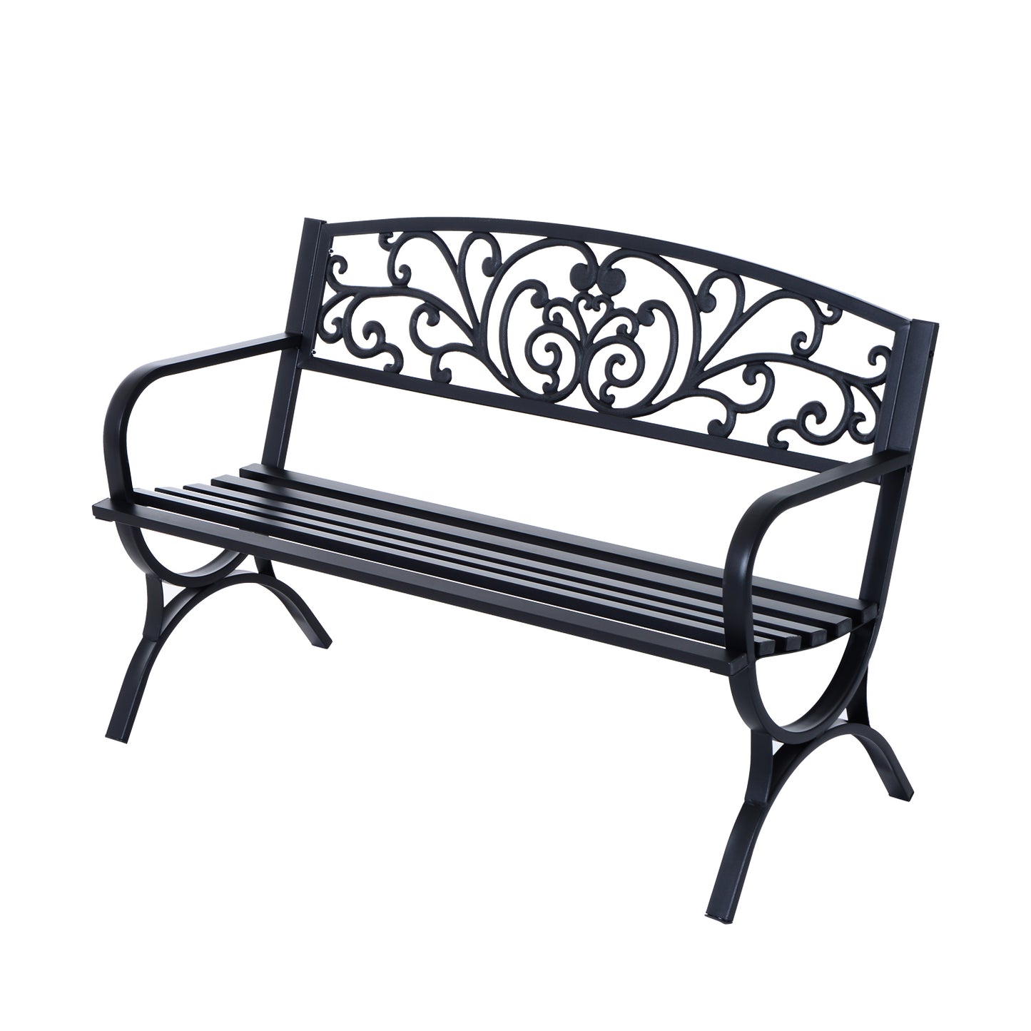 Outsunny 50" 2-Seater Garden Bench, Patio Porch Decorative Chair Cast Iron Loveseat Outdoor Furniture for Yard, Lawn, Porch, Black