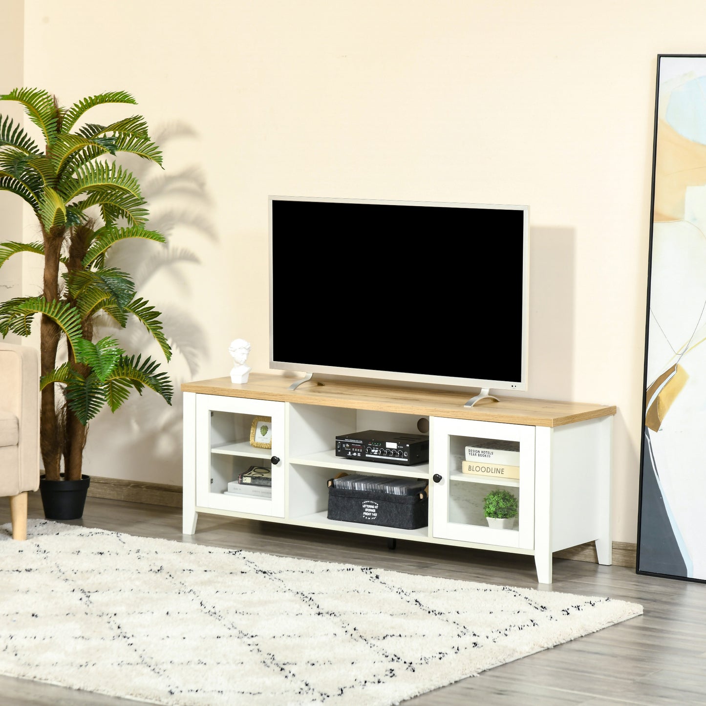 Modern TV Stand for TVs up to 60 inches, Wood TV Console Table with Storage Doors, Entertainment Center for Living Room, Bedroom, Office, White and Oak