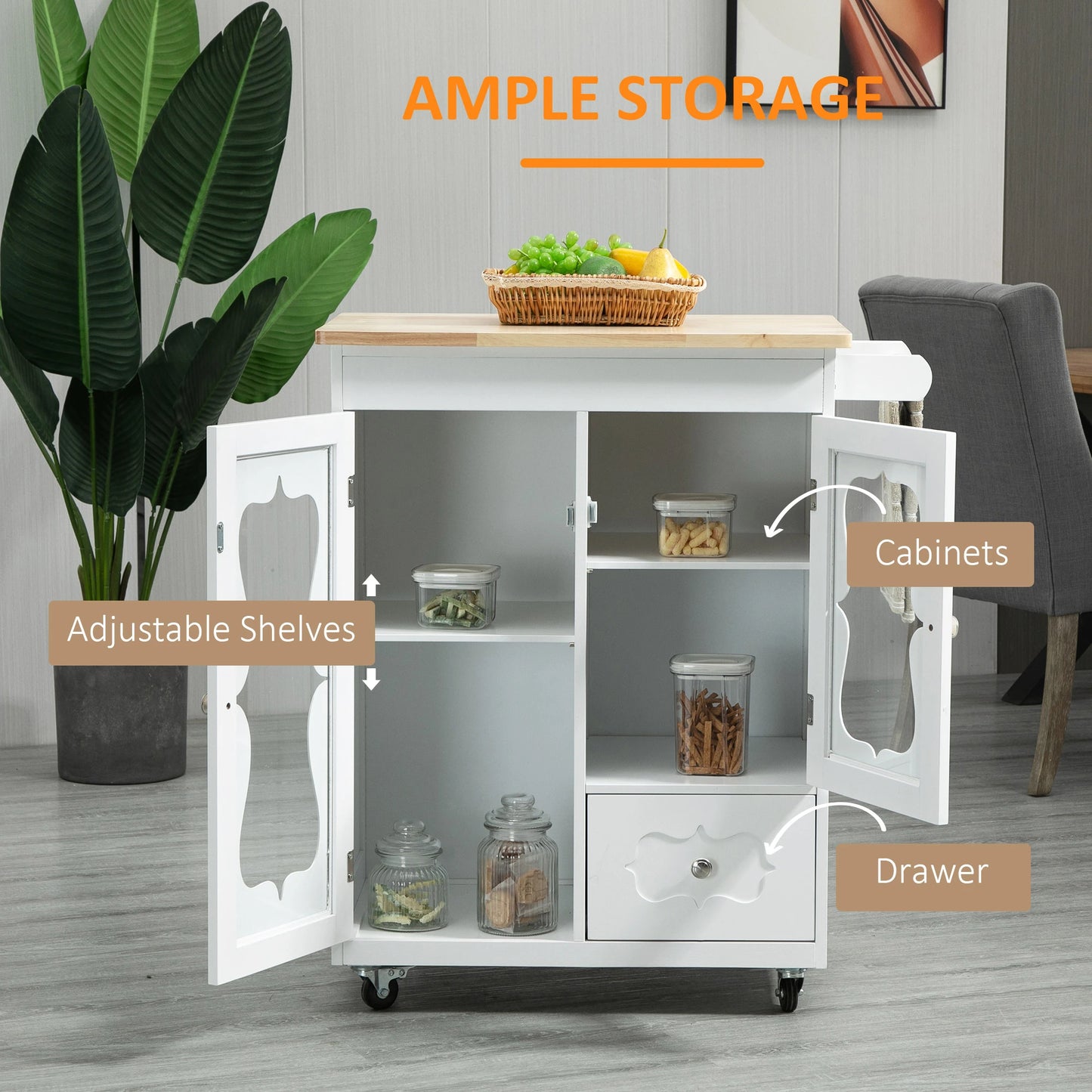 Kitchen Cart, Small Kitchen Island, Rubber Wood Top Utility Trolley on Wheels with 2 Cabinets Storage Drawer Towel Rack for Dining Room, White