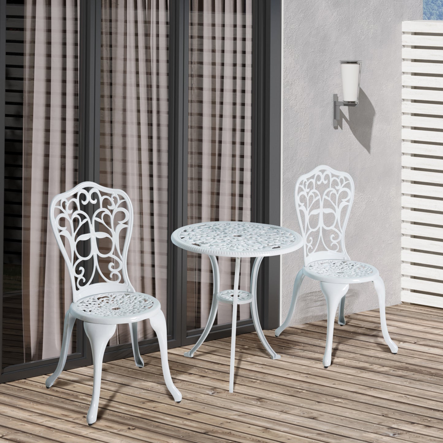 Outsunny 3 Pieces Antique Outdoor Bistro Set for 2 Patio Table and Chairs Set with Umbrella Hole White