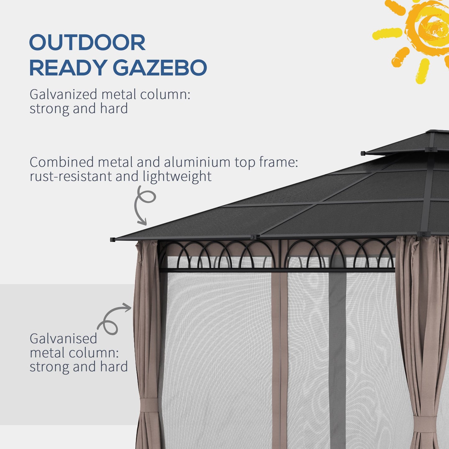 12' x 10' Outdoor Gazebo Canopy, Double Roof Hardtop Gazebo with Polycarbonate Roof, Galvanized Steel Frame, Nettings & Curtains, for Garden, Lawn, Backyard and Deck