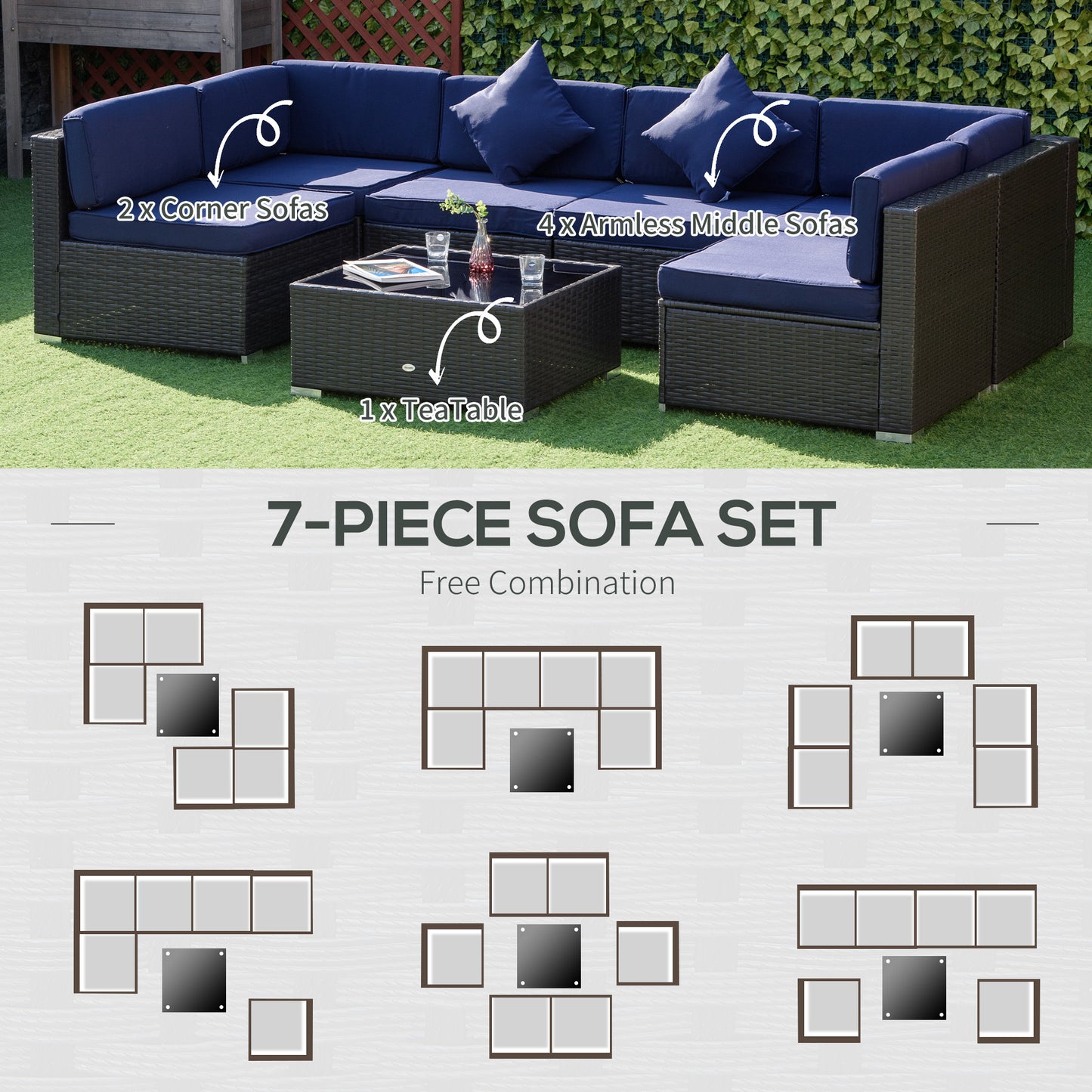 Outsunny 7 Pieces Rattan Patio Furniture Set for Garden, Lawn, and Deck, Dark Blue