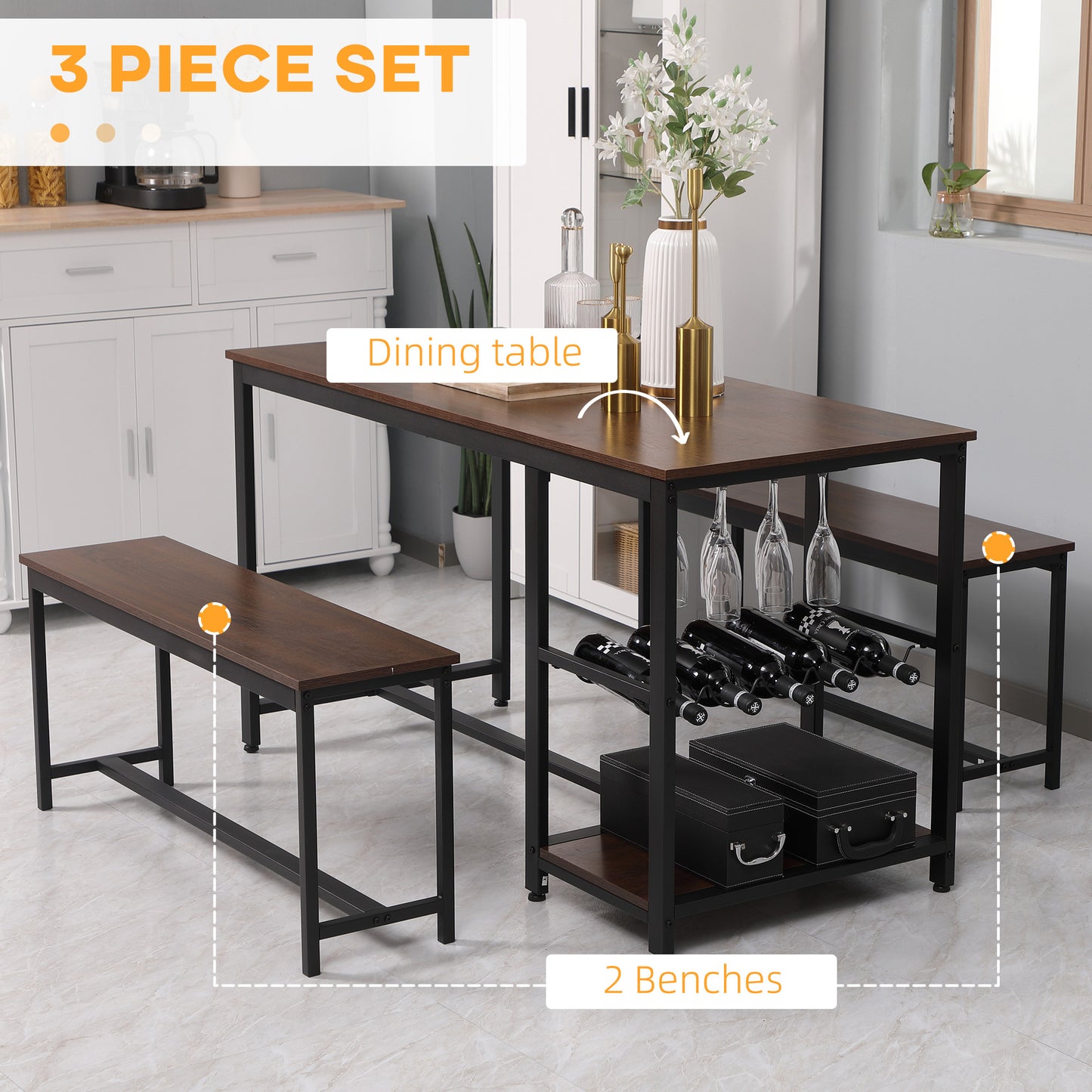 3-Piece Dining Table Set for 4 People, Rectangular Space-Saving Dinner Table with Two Benches, 5-Bottle Wine Rack, and Storage Shelf, Rustic Brown