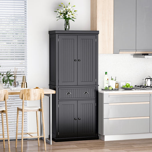 Traditional Storage Cabinet Cupboard Freestanding Kitchen Pantry with Drawer, Doors and Adjustable Shelves, Black