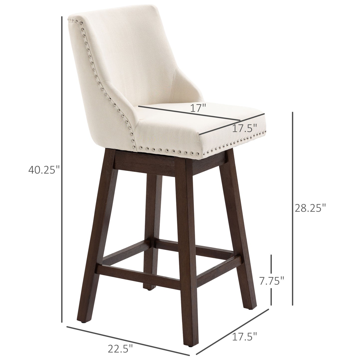 Swivel Bar stool Set of 2 Armless Upholstered Bar Chairs with Nailhead-Trim, Wood Legs, Cream White