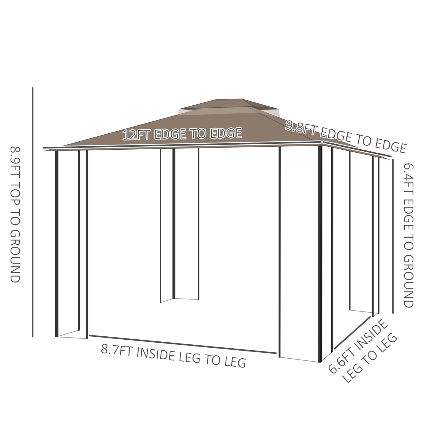 12' x 10' Patio Gazebo Outdoor Canopy Shelter with Double Tier Roof and Netting Sidewalls, Brown