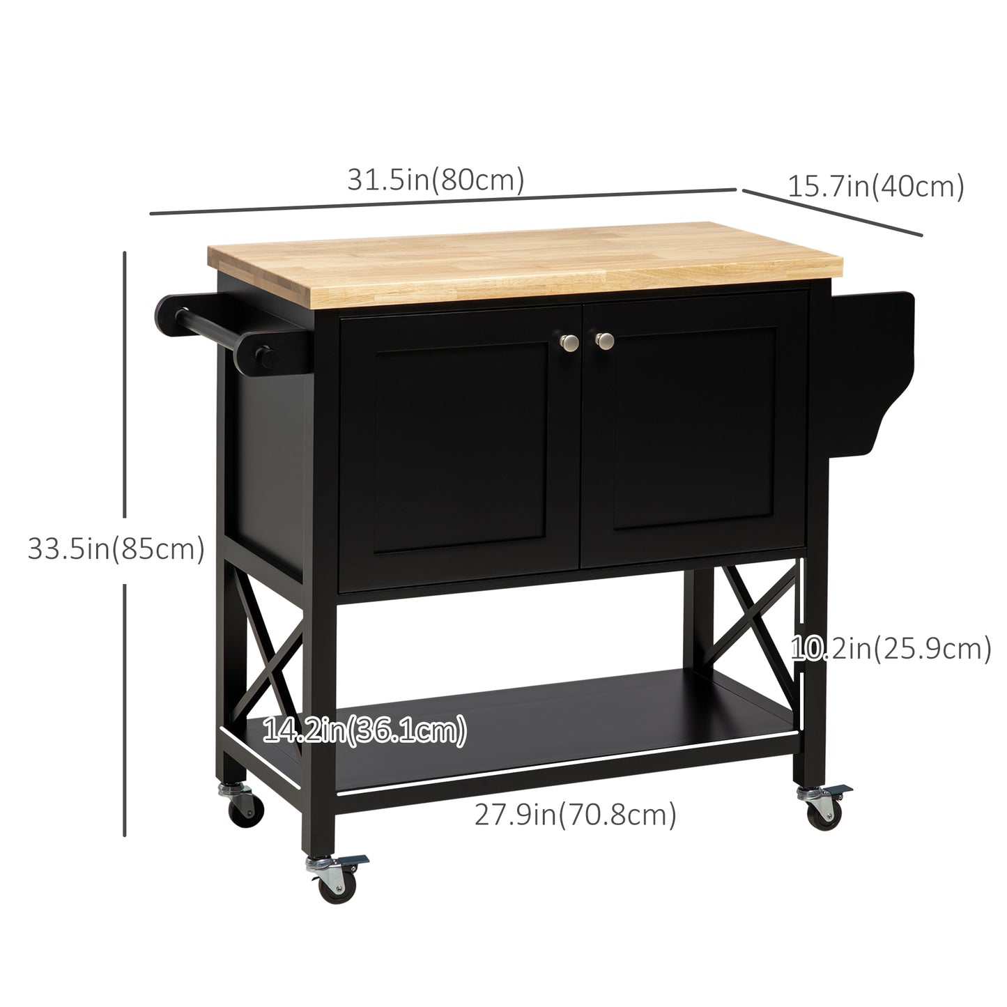 Rolling Kitchen Island Cart with Rubber Wood Top, Towel Rack, Spice Rack and Storage Cabinet, Black