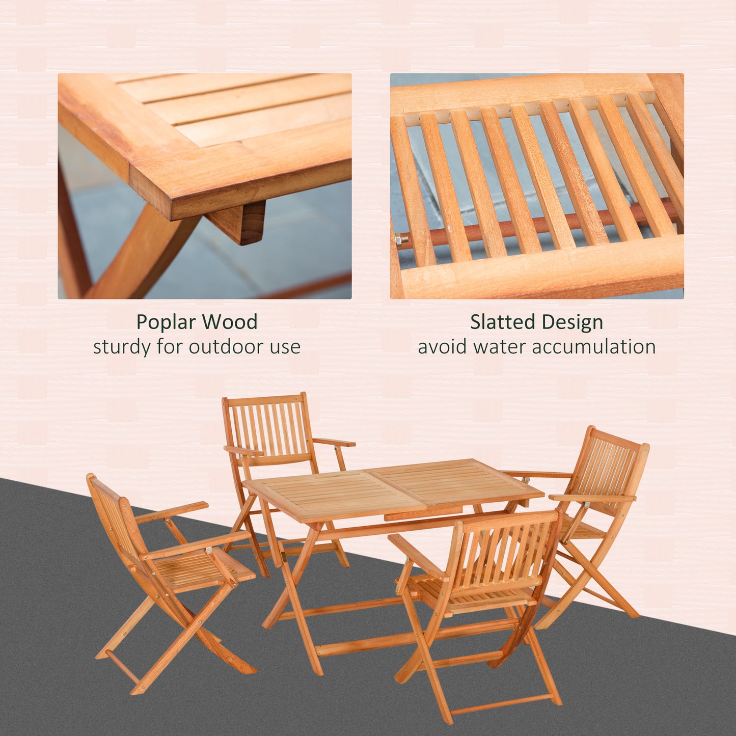 Outsunny 5 Piece Wood Patio Dining Set for 4, Dining Table and Chairs Set, Folding Outdoor Patio Furniture for Patio, Backyard and Garden, Teak