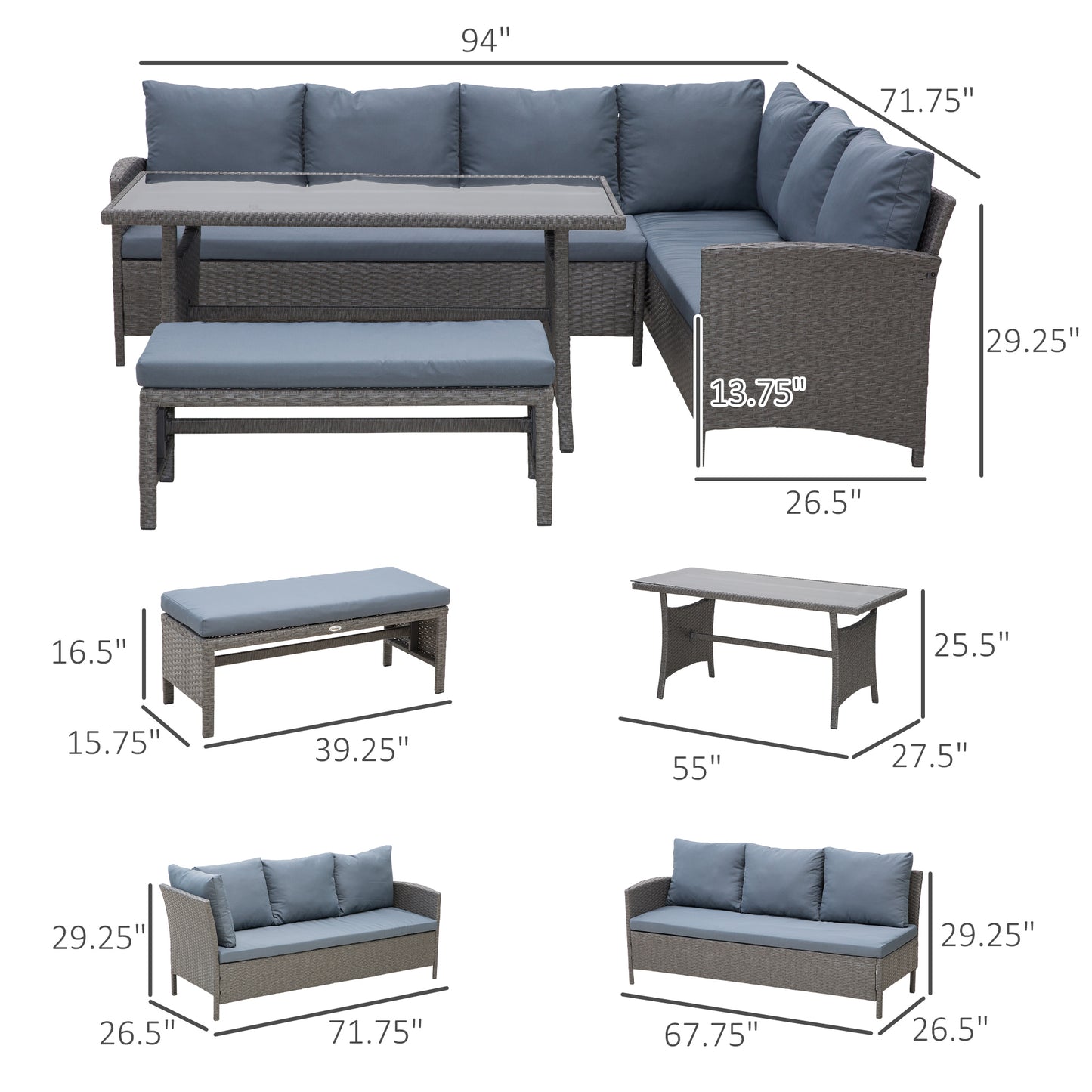 Outsunny 4 Piece Outdoor Patio Rattan Wicker Dining Table Bench Patio Furniture Sofa