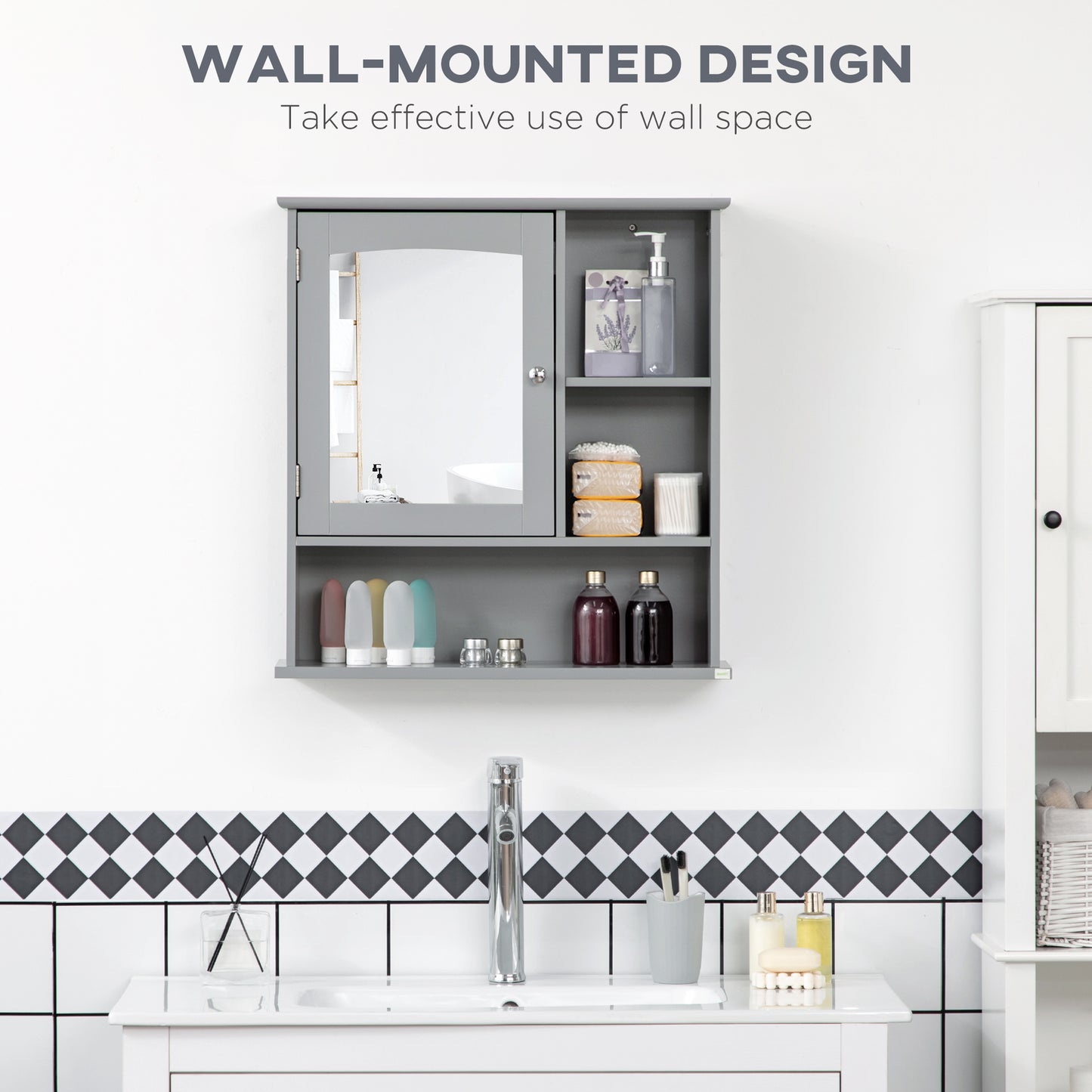 Bathroom Cabinet, Wall Mount Storage Organizer with Mirror, Adjustable Shelf, Wood Medicine Cabinet, Grey