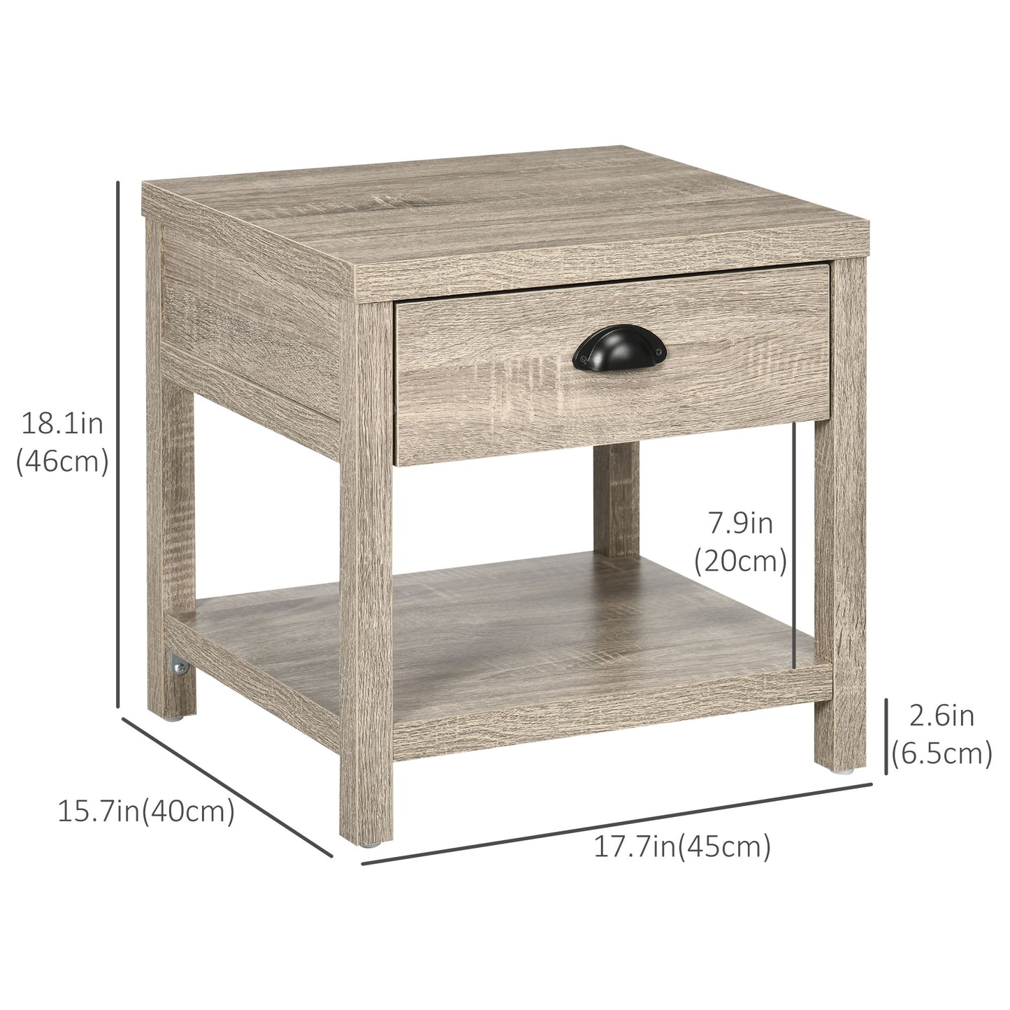 Bedside Table, Side End Table with Charging Station, Drawer and Shelf for Bedroom, 17.7" x 15.7" x 18.1", Oak Tone