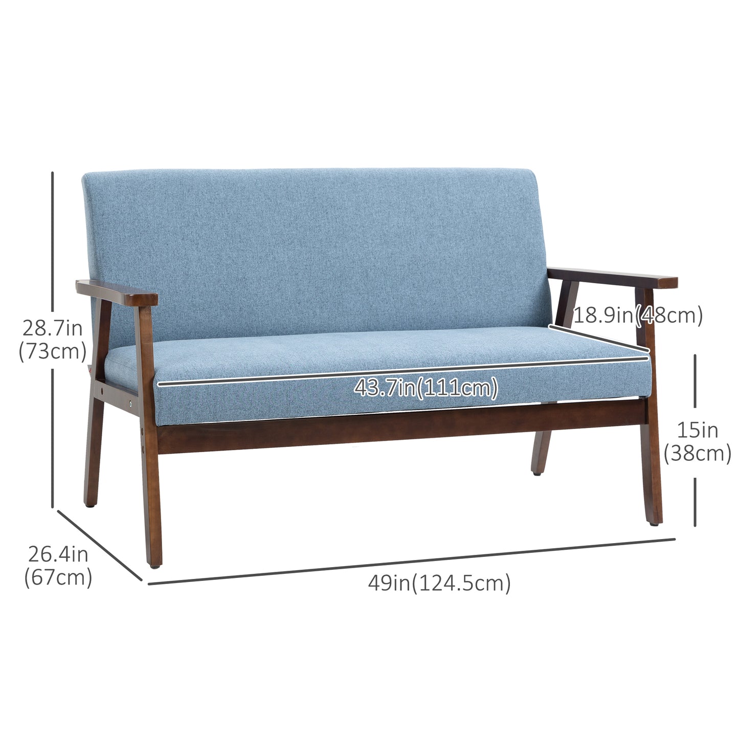 Compact Loveseat Sofa Couch Linen Fabric Double Seat Sofa with Rubber Wood Frame Blue