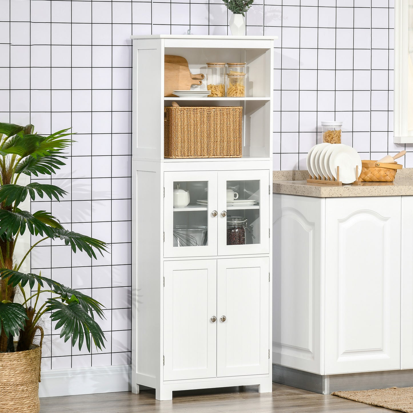 63" Small Buffet with Hutch, 4-Door Kitchen Pantry, Freestanding Storage Cabinet with Adjustable Shelf for Dining Room, Living Room, White