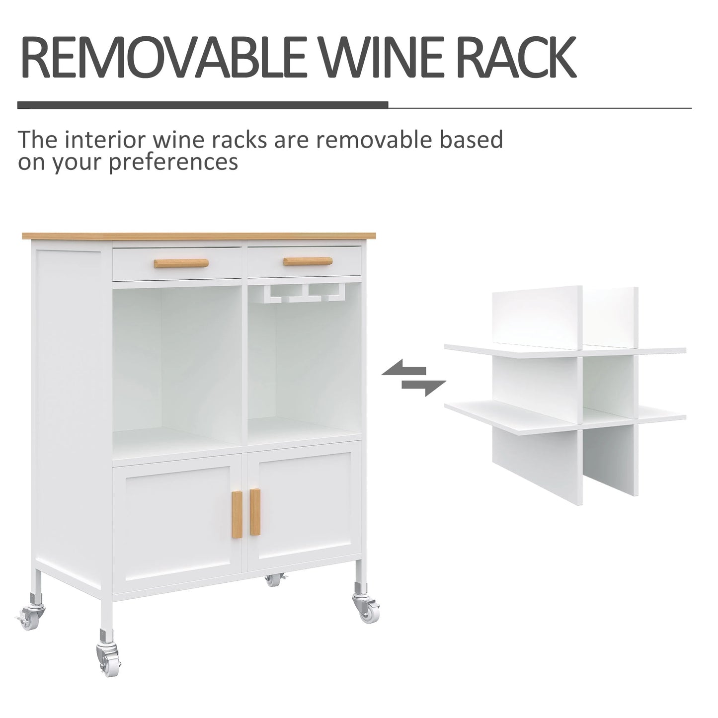 Portable Kitchen Trolley with Bamboo Top Storage Cabinet and Wine Rack (White)