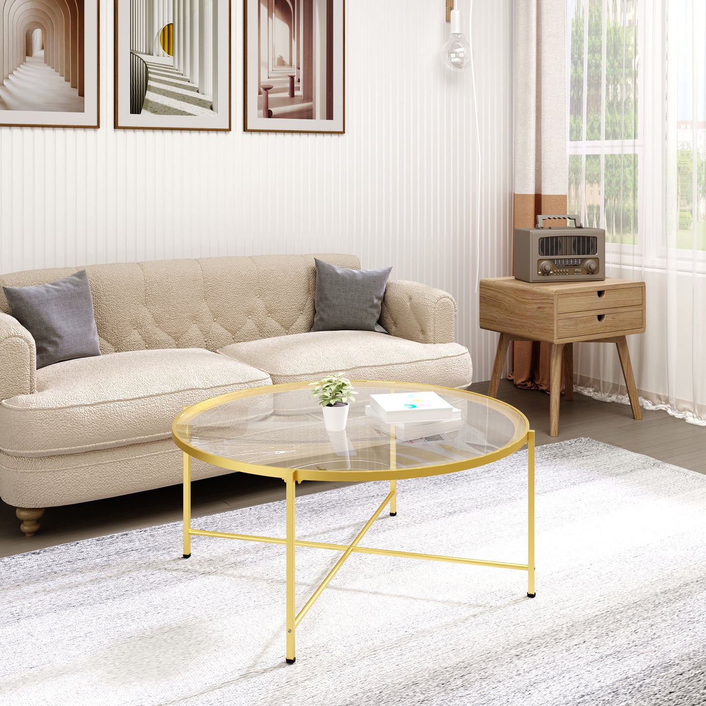 Modern Round Coffee Table with Tempered Glass Tabletop, Accent Side Table, Center Table for Living Room, Gold