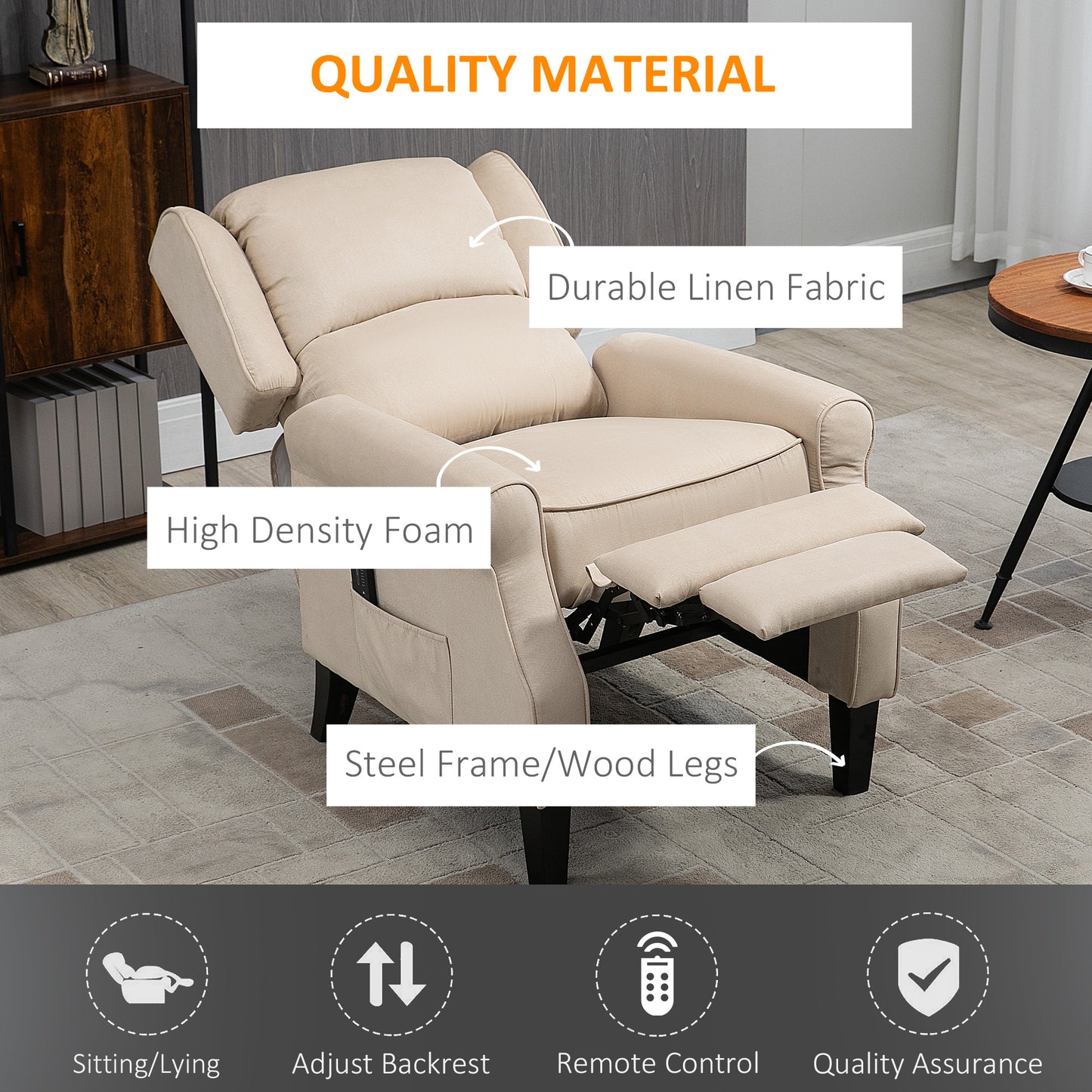 Massage Recliner Chair for Living Room, Push Back Recliner Armchair with Extendable Footrest, Remote Controller, Side Pocket, Cream White