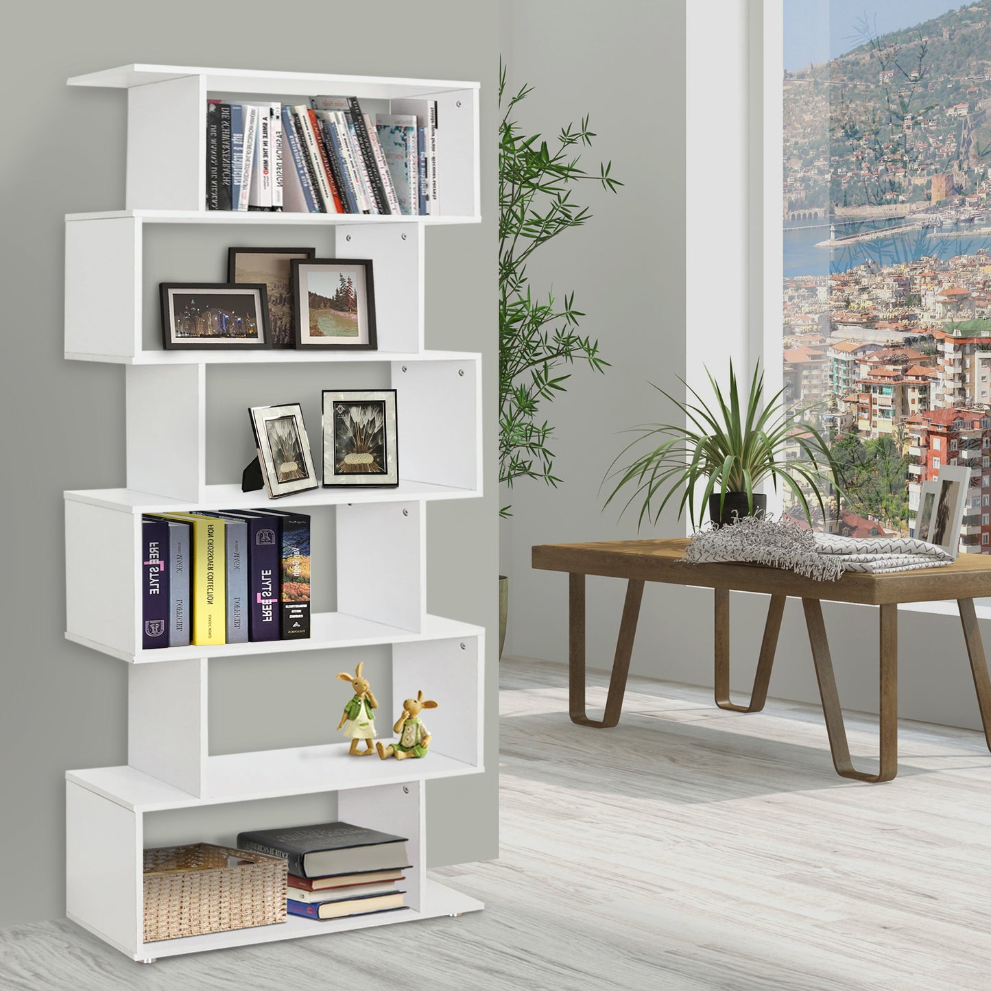 6-Tires Wooden Bookcase S Shape Storage Display Unit Home Divider Office Furniture White