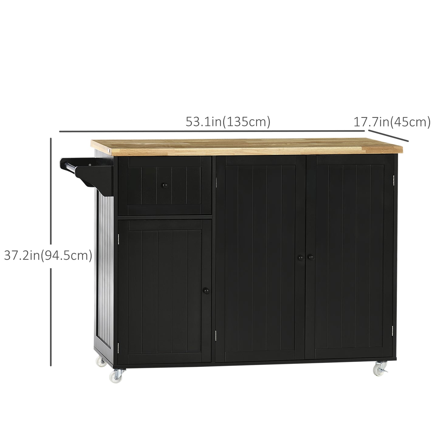 Rolling Kitchen Island on Wheels, Utility Serving Cart with Rubber Wood Top, Towel Rack, Storage Cabinets and Drawer, Black