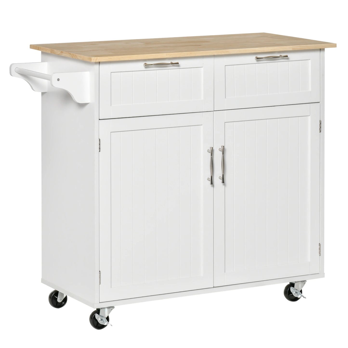 Rolling Kitchen Island with Storage Drawers, Kitchen Cart with Rubber Wood Top, Cabinet & Towel Rack, White