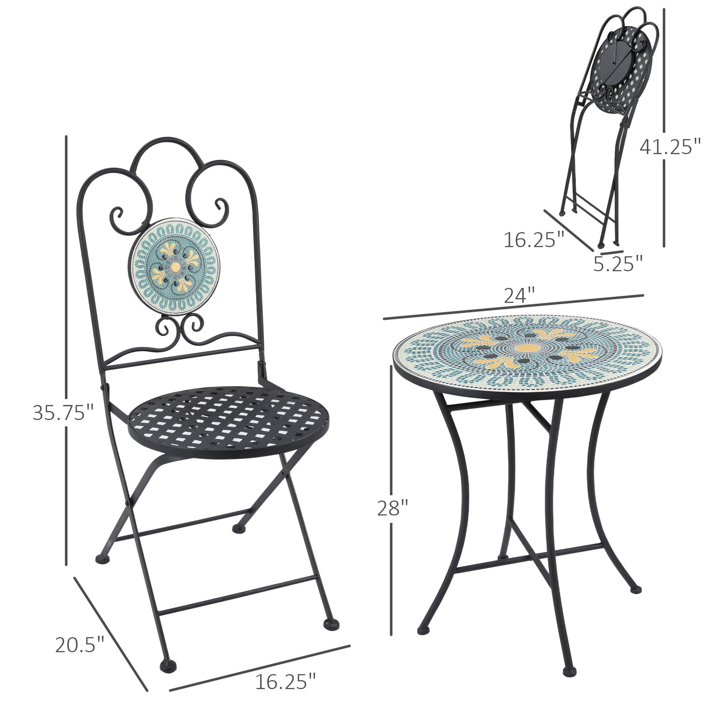 Outsunny 3-Piece Patio Bistro Set with Folding Chairs, Outdoor Coffee Set with Mosaic Top for Backyard, Balcony, Poolside, Green