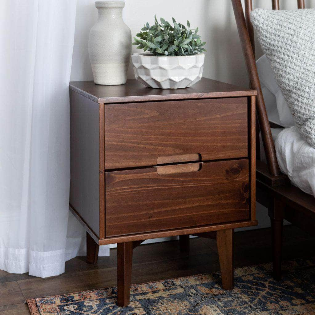 Mid Century Modern 2 Drawer Solid Pine Groove Handle Wood Nightstand - Available in 3 Colours