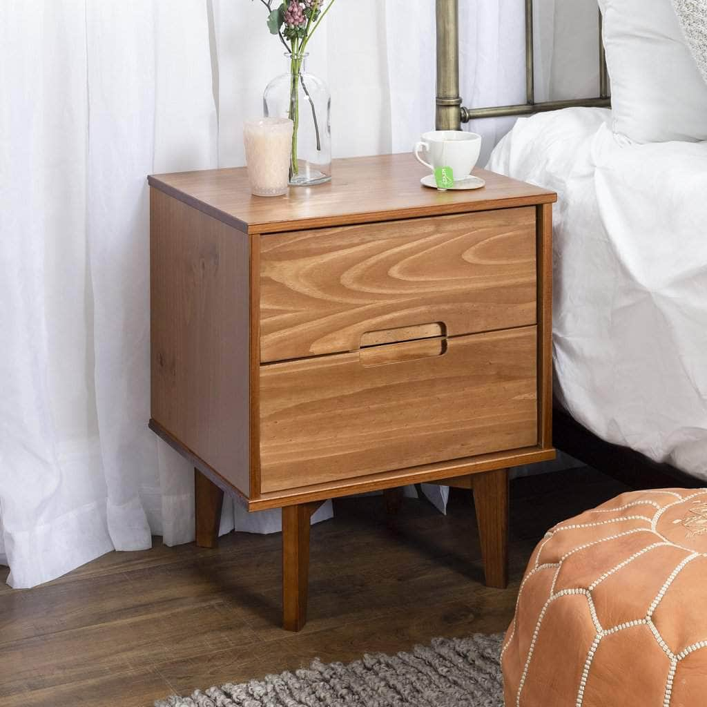 Mid Century Modern 2 Drawer Solid Pine Groove Handle Wood Nightstand - Available in 3 Colours