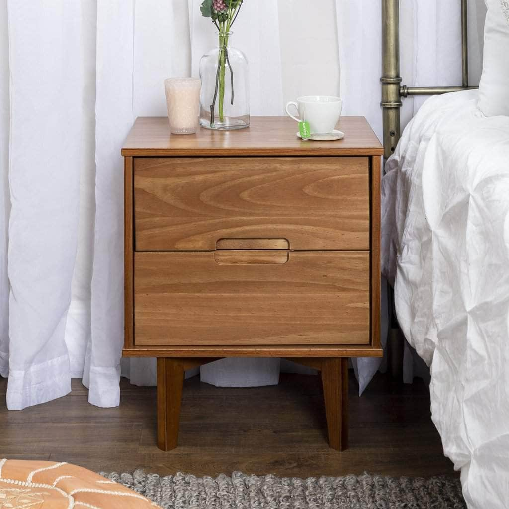 Mid Century Modern 2 Drawer Solid Pine Groove Handle Wood Nightstand - Available in 3 Colours