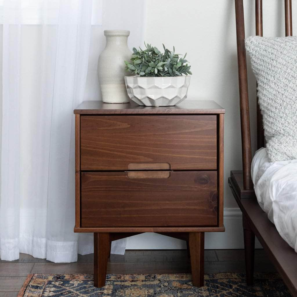 Mid Century Modern 2 Drawer Solid Pine Groove Handle Wood Nightstand - Available in 3 Colours