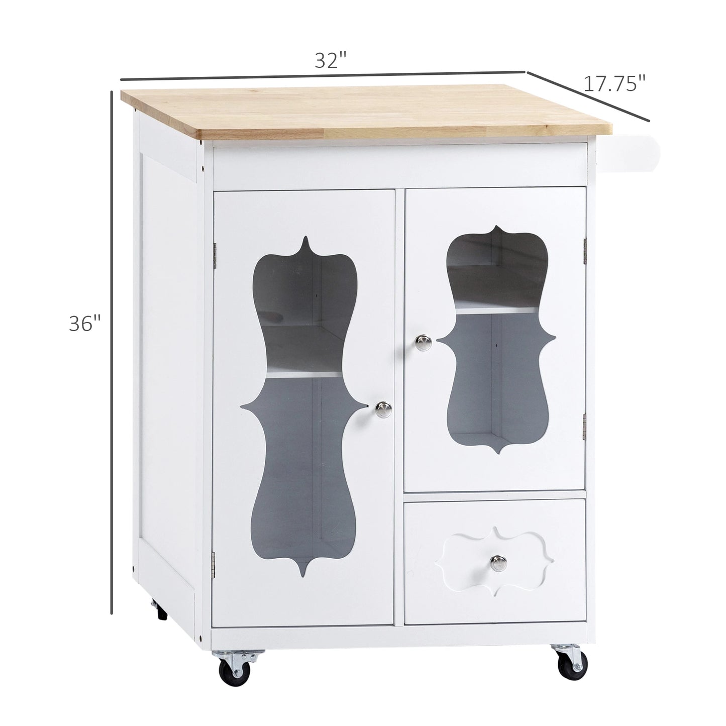 Kitchen Cart, Small Kitchen Island, Rubber Wood Top Utility Trolley on Wheels with 2 Cabinets Storage Drawer Towel Rack for Dining Room, White