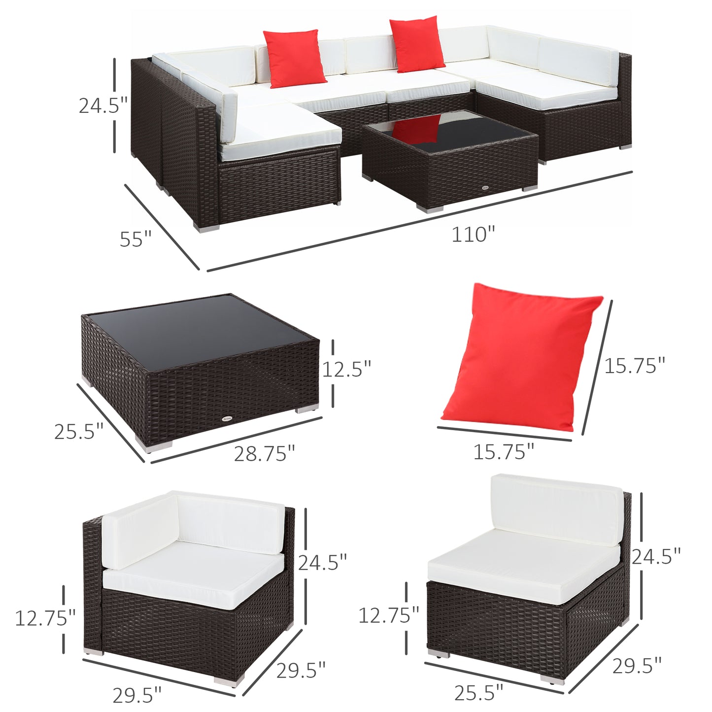 7 Pieces Garden Wicker Sectional Sofa Lounge Set All Weather Patio Outdoor Furniture with Cushion, Dark Coffe & Cream White