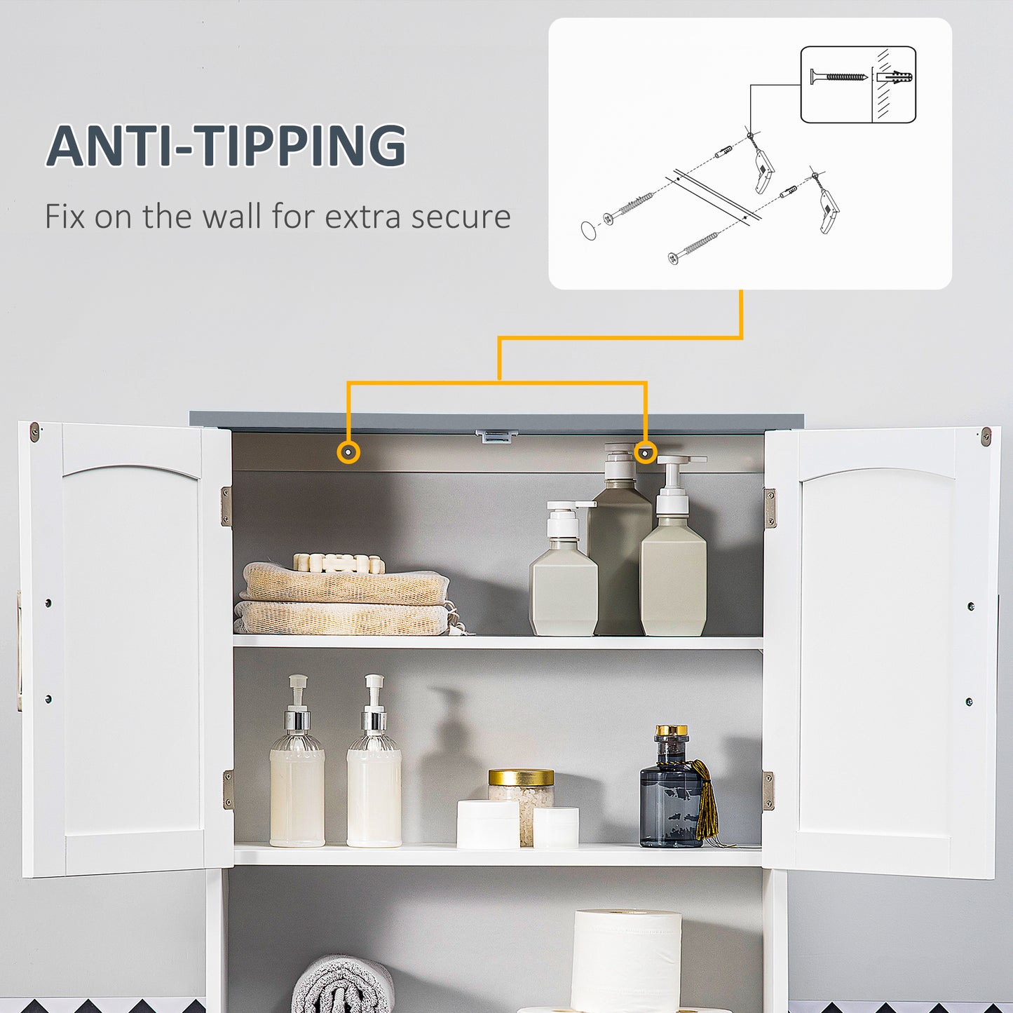 Modern Over The Toilet Storage Cabinet, Double Door Over Toilet Bathroom Organizer with Adjustable Shelf and Open Shelf, Grey