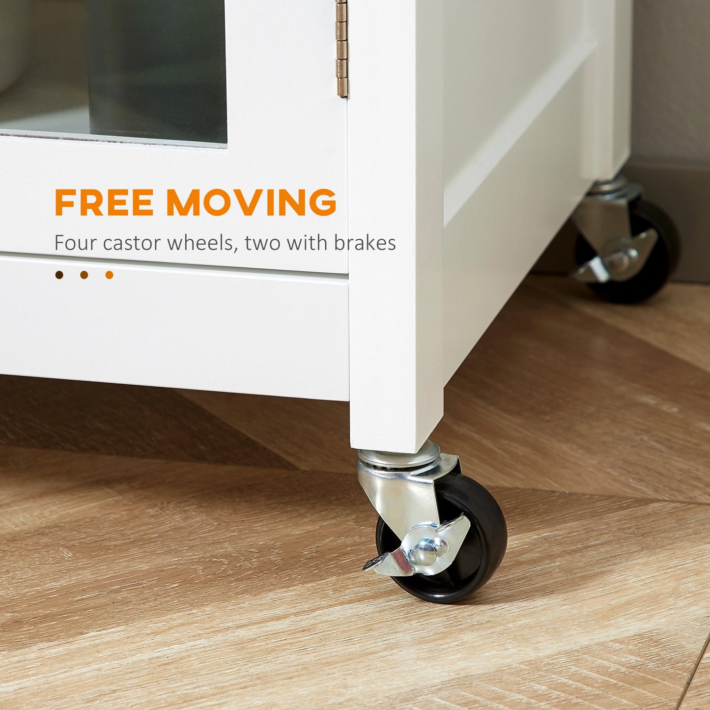 Rolling Kitchen Cart with Drawer and Glass Door Cabinet, Kitchen Island on Wheels with Towel Rack, White