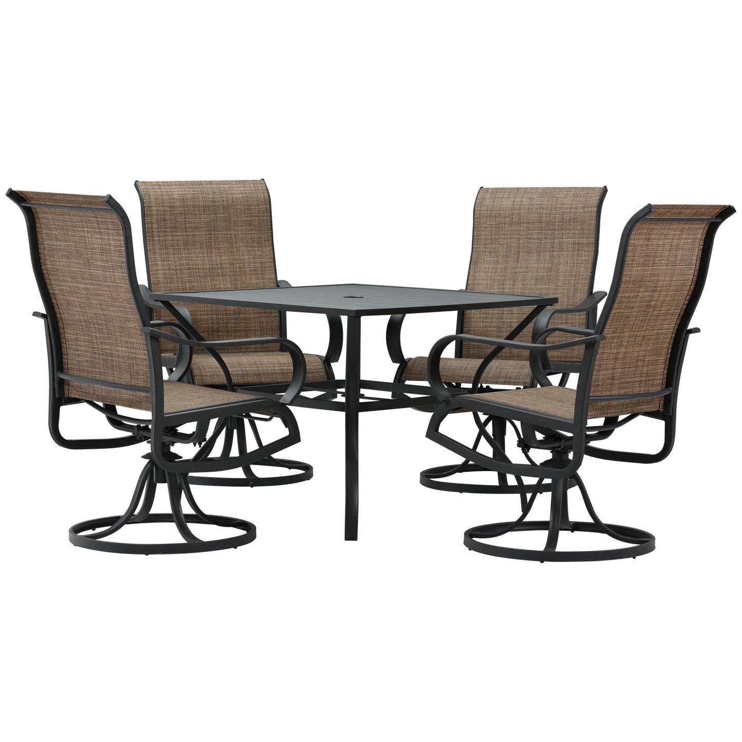 Outsunny 5-Piece Outdoor Patio Dining Set, 4 Swivel Rocker Chairs and 37" x 37" Dining Table Furniture Set with Umbrella Hole for Garden, Lawn and Backyard, Black (Umbrella not included)