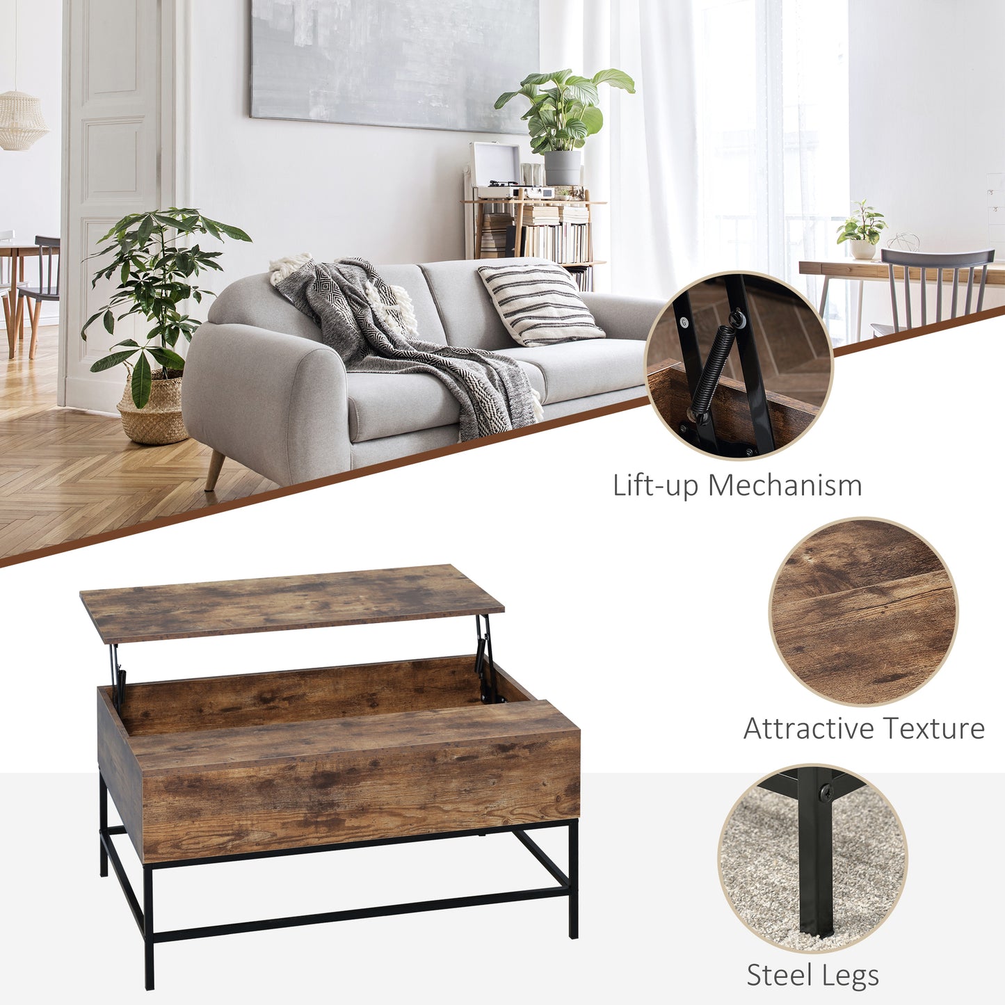 Lift Top Coffee Table with Hidden Storage Compartment Lift Tabletop Center Table for Living Room, Rustic Brown