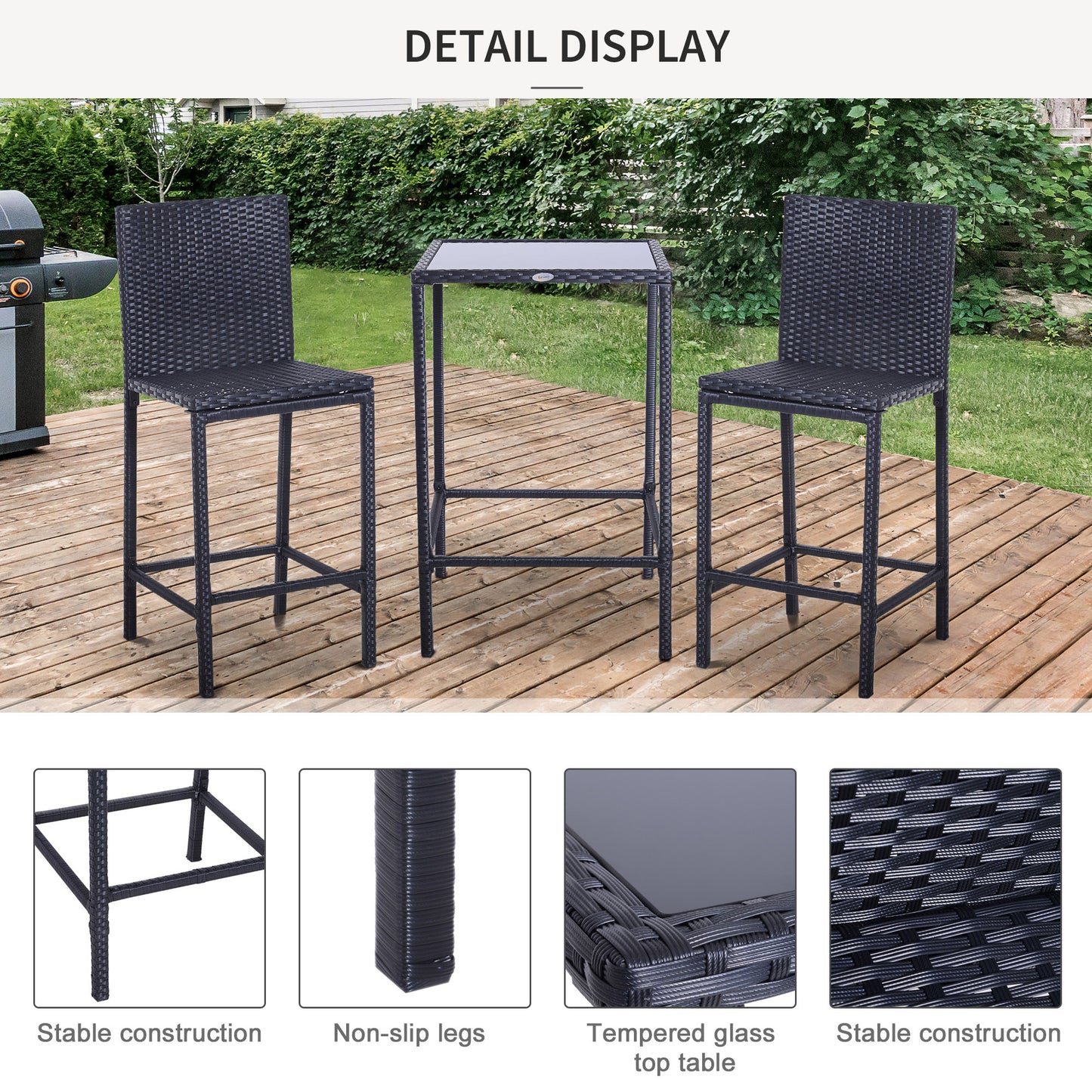 Outsunny 3 Pieces Patio Bar Set Wicker Rattan Garden Deck Bistro Set Barstool and Table Outdoor Furniture for Patios Backyards Balcony Gardens Poolside, Black