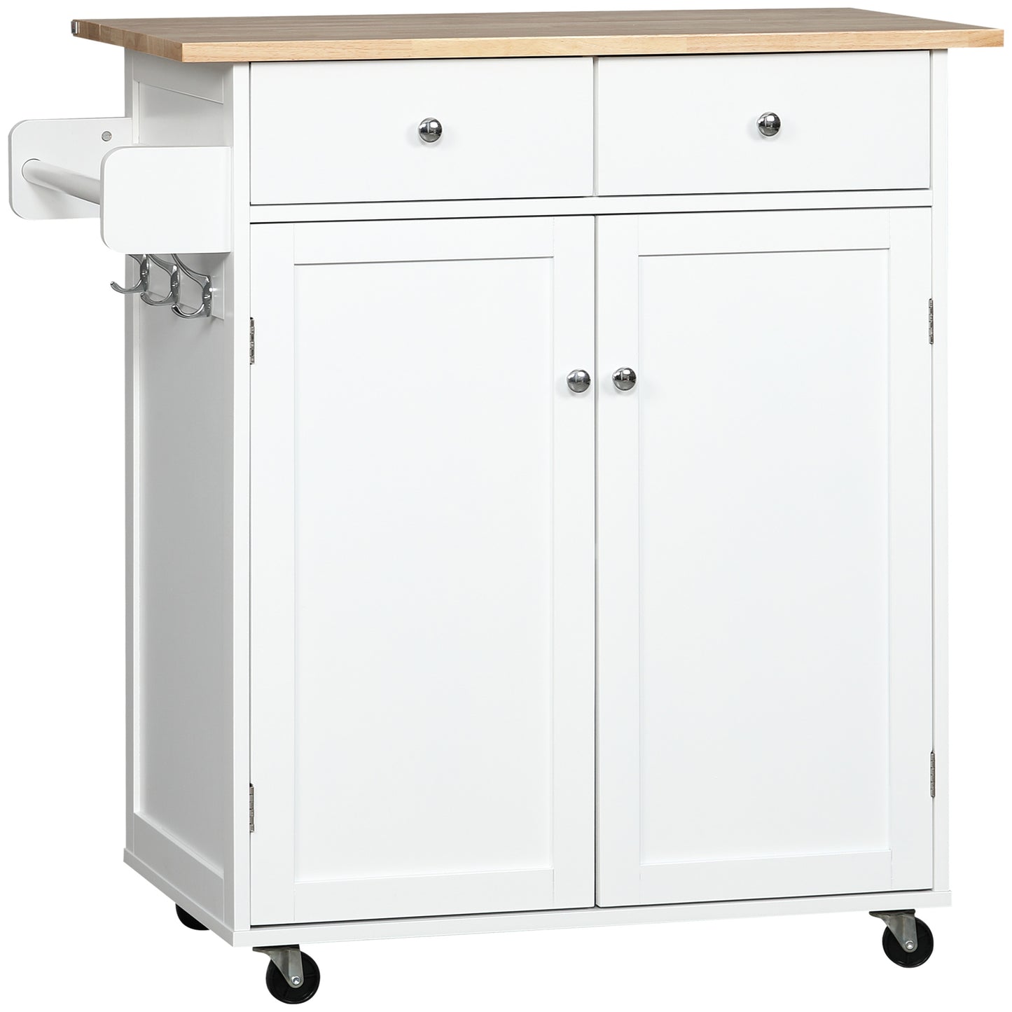 Rolling Kitchen Island on Wheels, Utility Serving Cart with Rubber Wood Top, Towel Rack, Hooks and Storage Drawers, White