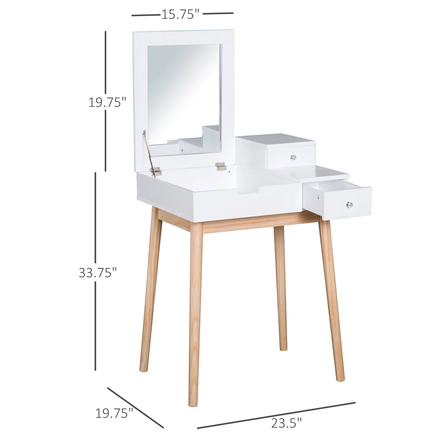 Modern Dressing Table with Mirror, Make Up Desk with Flip-up Top, 2 Drawers, White